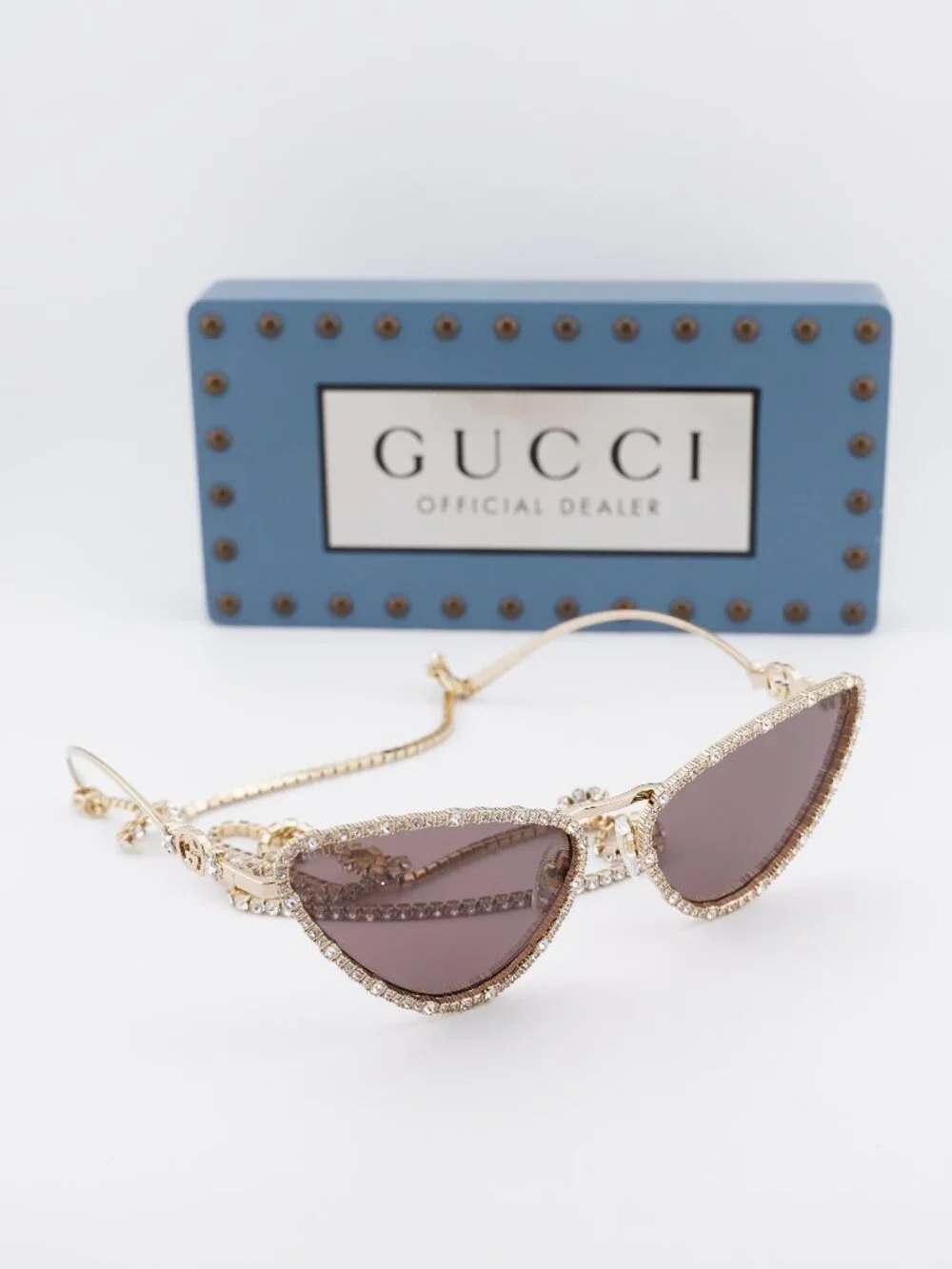 Gucci GG1569S 001 Cat Eye Sunglasses - Gold with White Stone / Brown